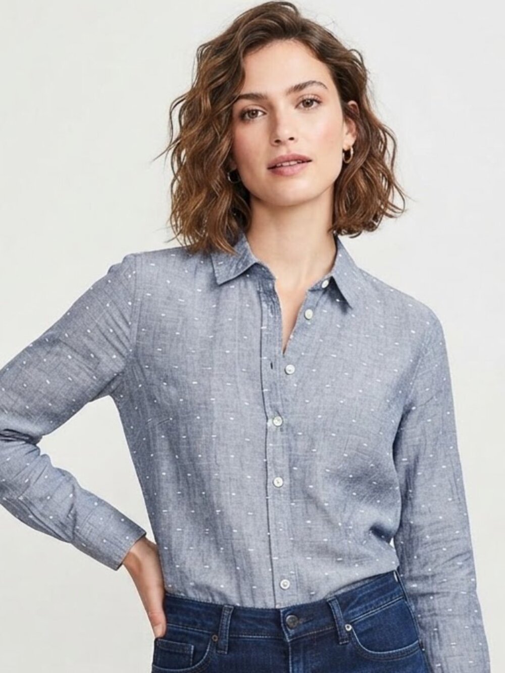 Boden Blue Chambray Polka Dot Long Sleeve Button-Down Shirt